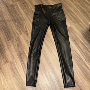 Spanx Faux Leather Leggings High Waisted Black Stretch Shiny Athleisure Womens L